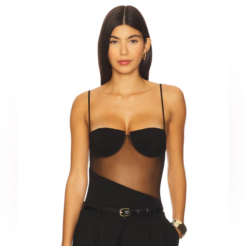 Black Sheer Panel Spaghetti Strap Bodysuit - Women Tops